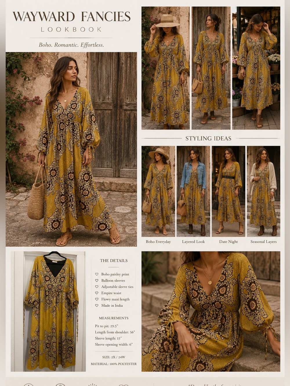 Wayward Fancies Boho Paisley Maxi Dress Mustard Yellow 2X/24W